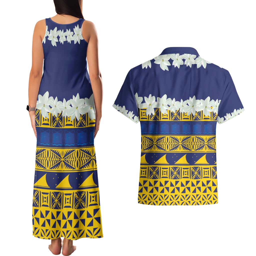 Tokelau Language Week Couples Matching Tank Maxi Dress and Hawaiian Shirt Tokelauan Tuluma With Gardenia Thunbergia LT14 - Polynesian Pride