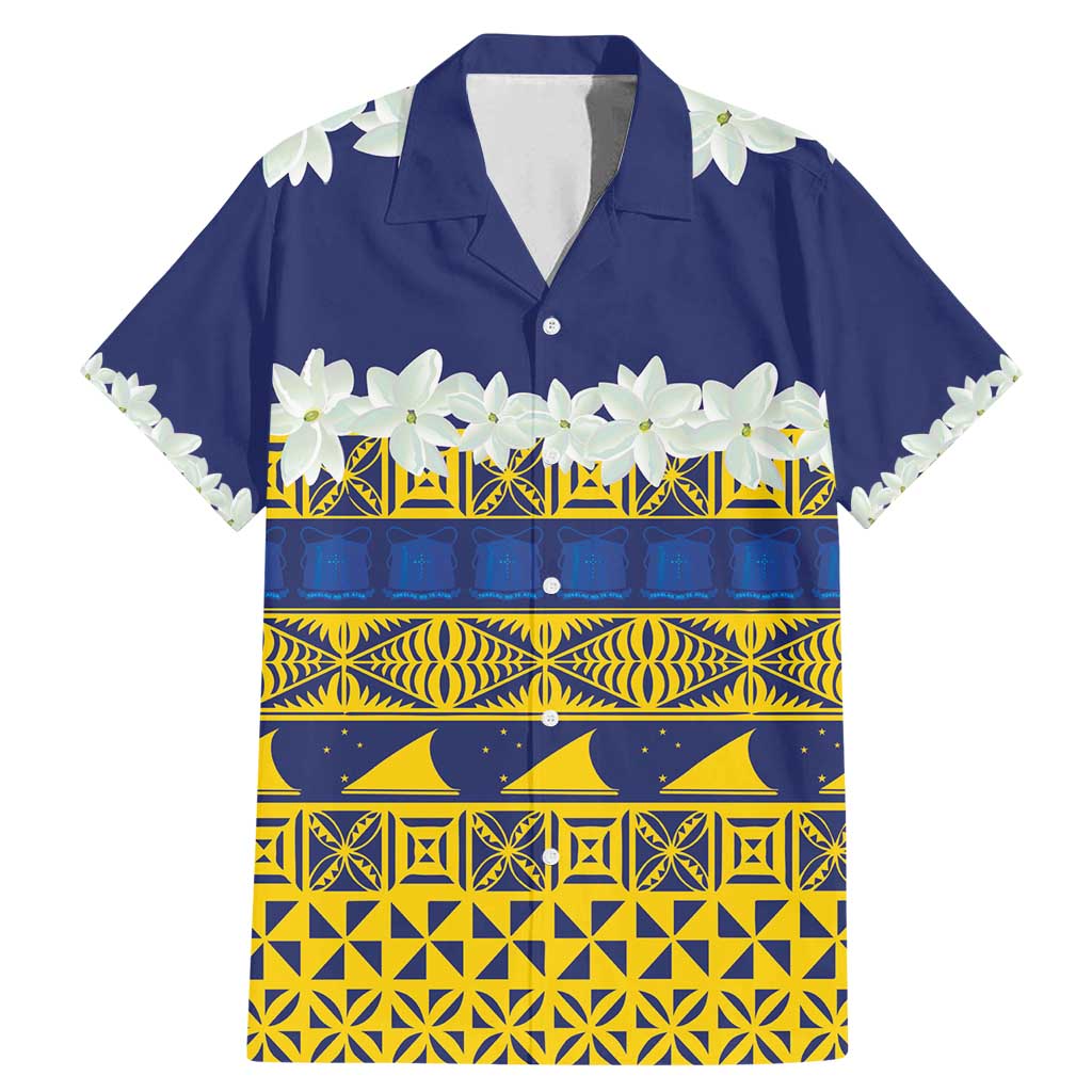 Tokelau Language Week Family Matching Mermaid Dress and Hawaiian Shirt Tokelauan Tuluma With Gardenia Thunbergia LT14 Dad's Shirt - Short Sleeve Blue - Polynesian Pride