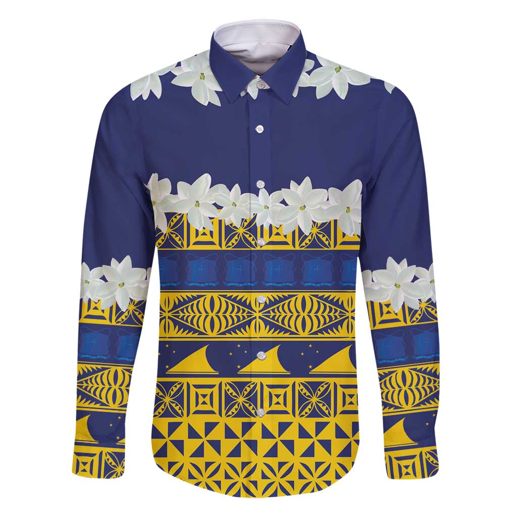 Tokelau Language Week Family Matching Mermaid Dress and Hawaiian Shirt Tokelauan Tuluma With Gardenia Thunbergia LT14 Dad's Shirt - Long Sleeve Blue - Polynesian Pride