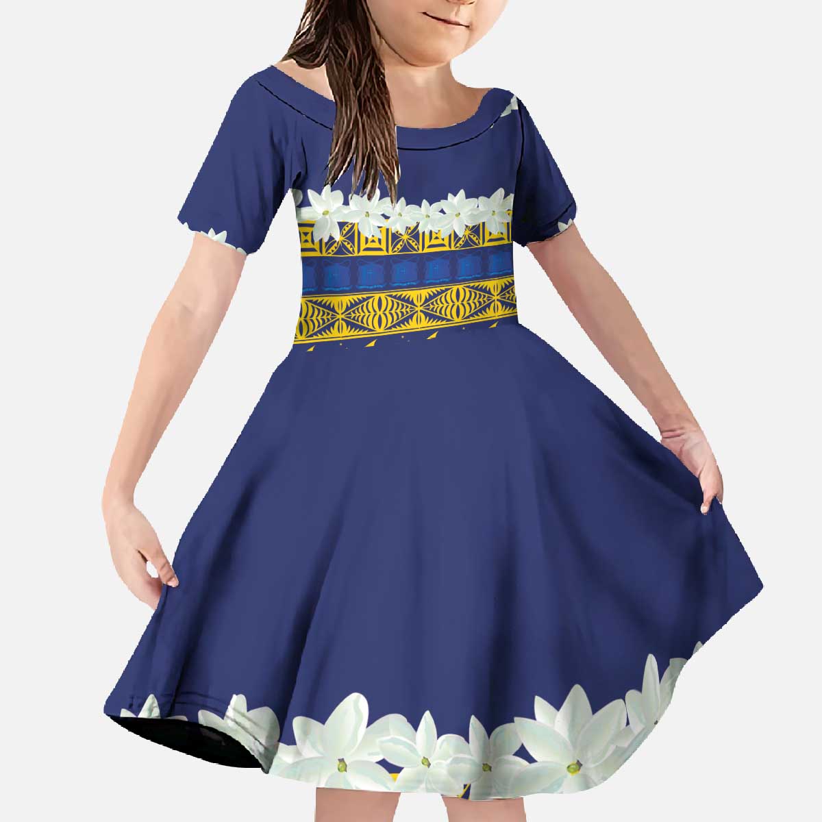 Tokelau Language Week Family Matching Off The Shoulder Long Sleeve Dress and Hawaiian Shirt Tokelauan Tuluma With Gardenia Thunbergia LT14 Daughter's Dress Blue - Polynesian Pride