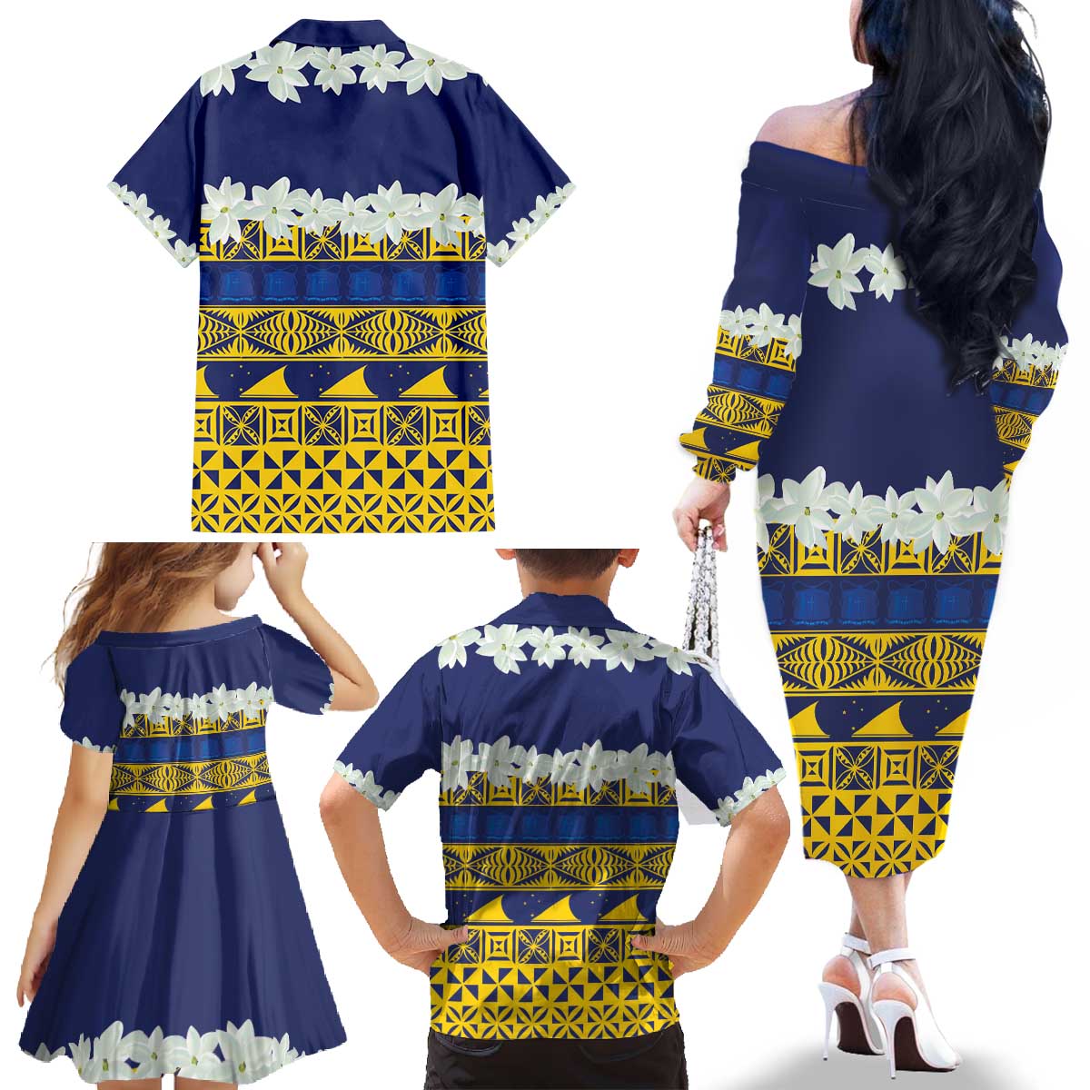 Tokelau Language Week Family Matching Off The Shoulder Long Sleeve Dress and Hawaiian Shirt Tokelauan Tuluma With Gardenia Thunbergia LT14 - Polynesian Pride