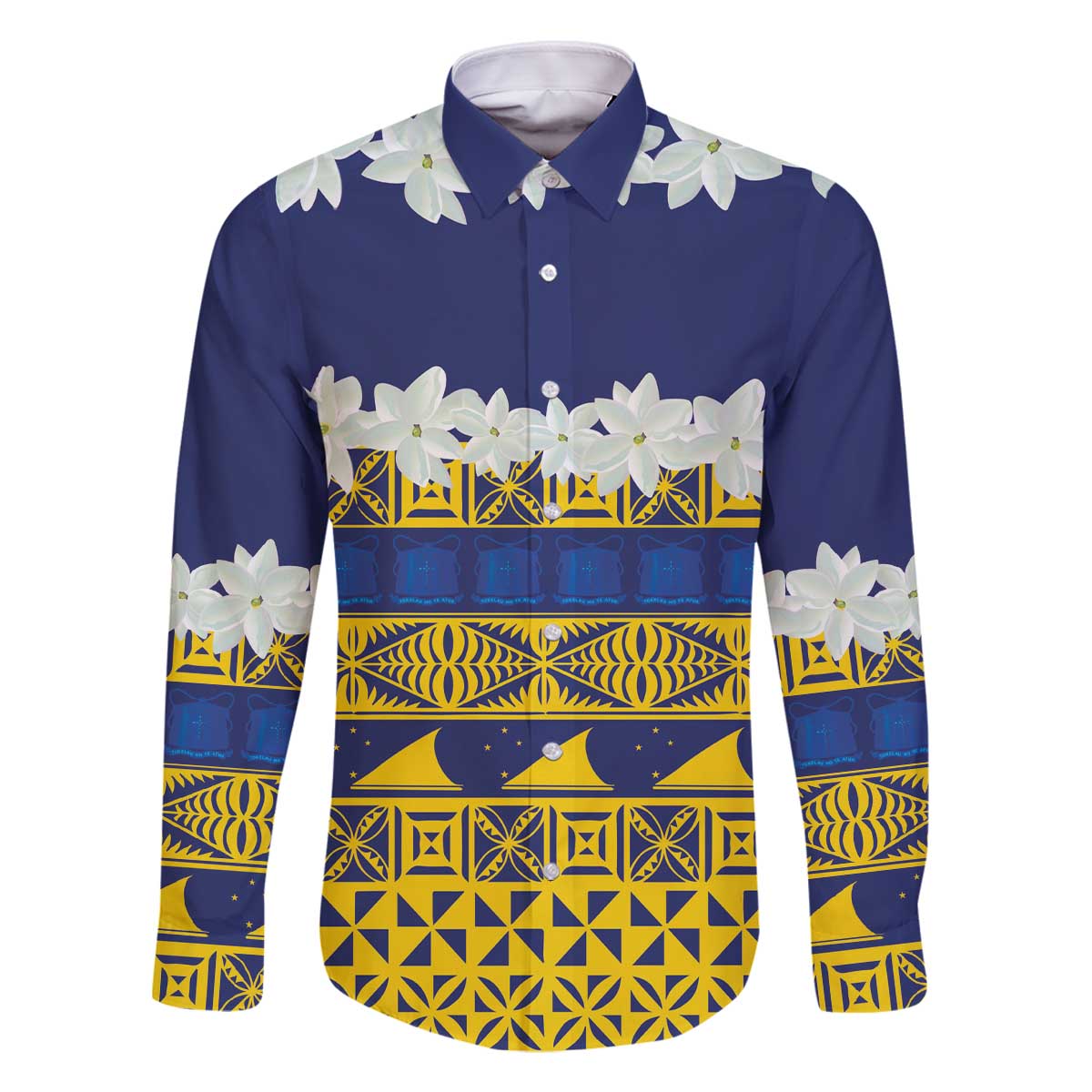 Tokelau Language Week Family Matching Off The Shoulder Long Sleeve Dress and Hawaiian Shirt Tokelauan Tuluma With Gardenia Thunbergia LT14 Dad's Shirt - Long Sleeve Blue - Polynesian Pride