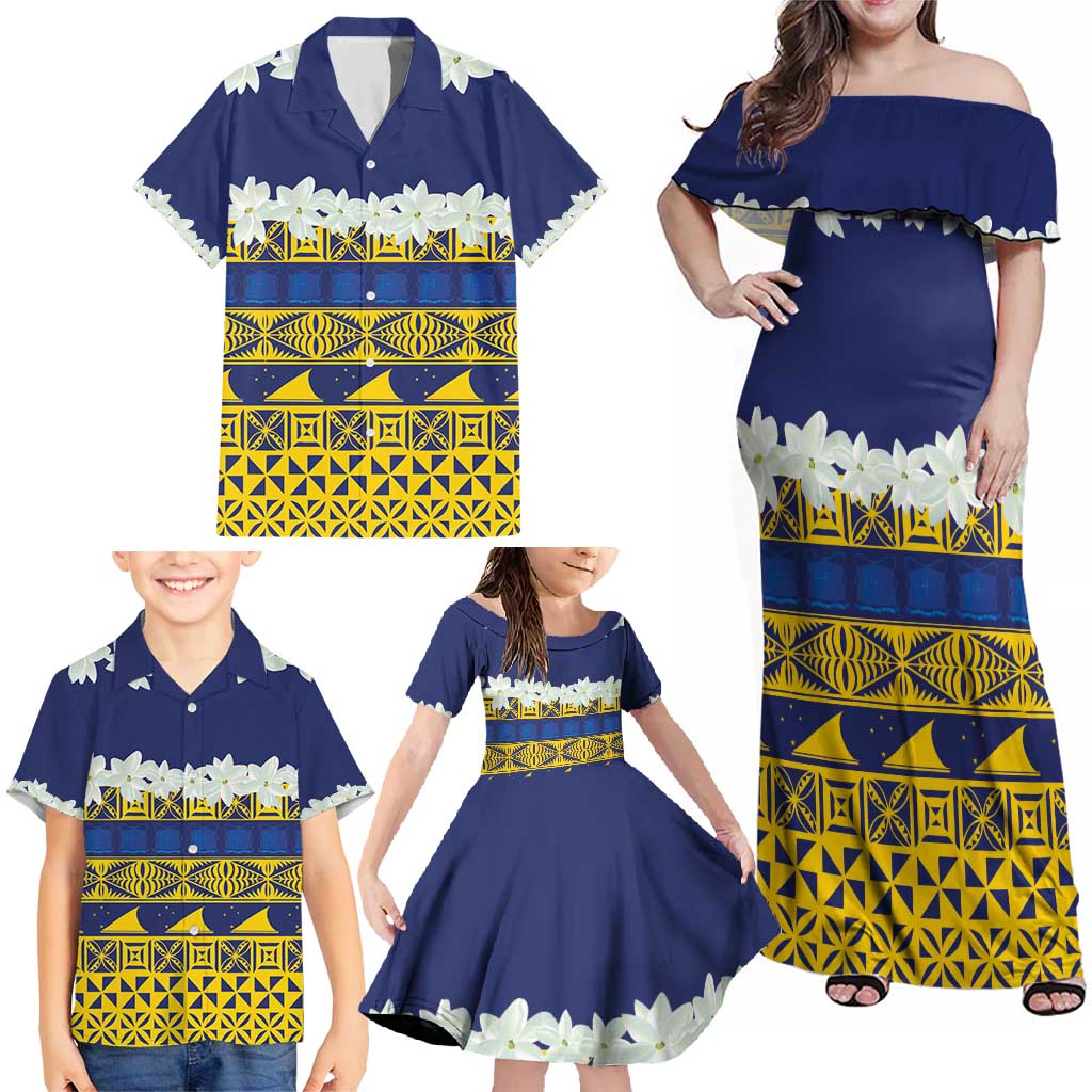 Tokelau Language Week Family Matching Off Shoulder Maxi Dress and Hawaiian Shirt Tokelauan Tuluma With Gardenia Thunbergia LT14 - Polynesian Pride