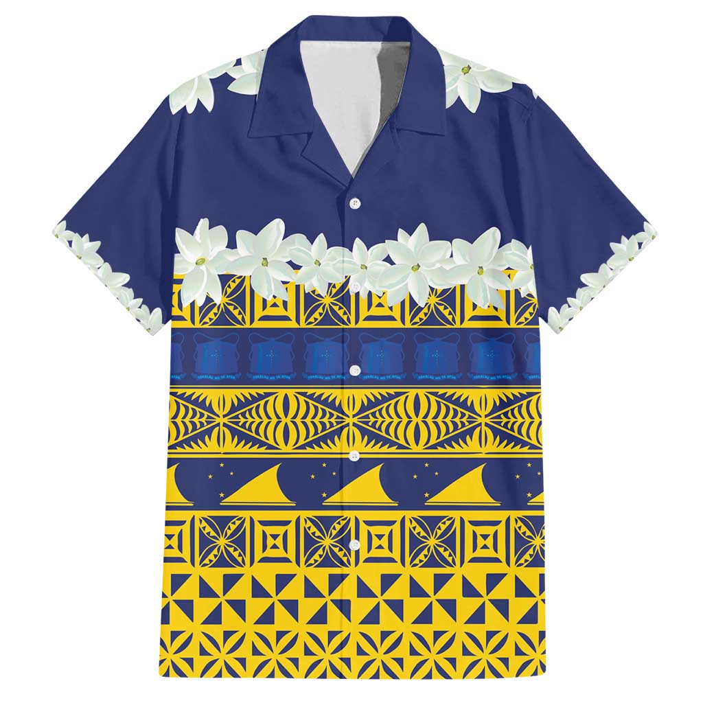 Tokelau Language Week Family Matching Off Shoulder Maxi Dress and Hawaiian Shirt Tokelauan Tuluma With Gardenia Thunbergia LT14 Dad's Shirt - Short Sleeve Blue - Polynesian Pride