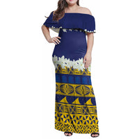 Tokelau Language Week Family Matching Off Shoulder Maxi Dress and Hawaiian Shirt Tokelauan Tuluma With Gardenia Thunbergia LT14 Mom's Dress Blue - Polynesian Pride