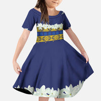 Tokelau Language Week Family Matching Puletasi and Hawaiian Shirt Tokelauan Tuluma With Gardenia Thunbergia LT14 Daughter's Dress Blue - Polynesian Pride