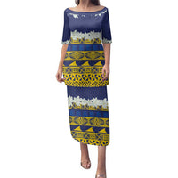 Tokelau Language Week Family Matching Puletasi and Hawaiian Shirt Tokelauan Tuluma With Gardenia Thunbergia LT14 Mom's Dress Blue - Polynesian Pride
