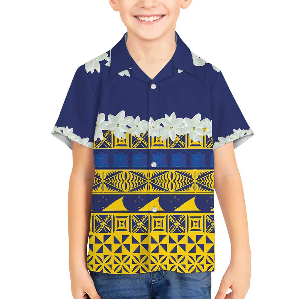 Tokelau Language Week Family Matching Puletasi and Hawaiian Shirt Tokelauan Tuluma With Gardenia Thunbergia LT14 Son's Shirt Blue - Polynesian Pride