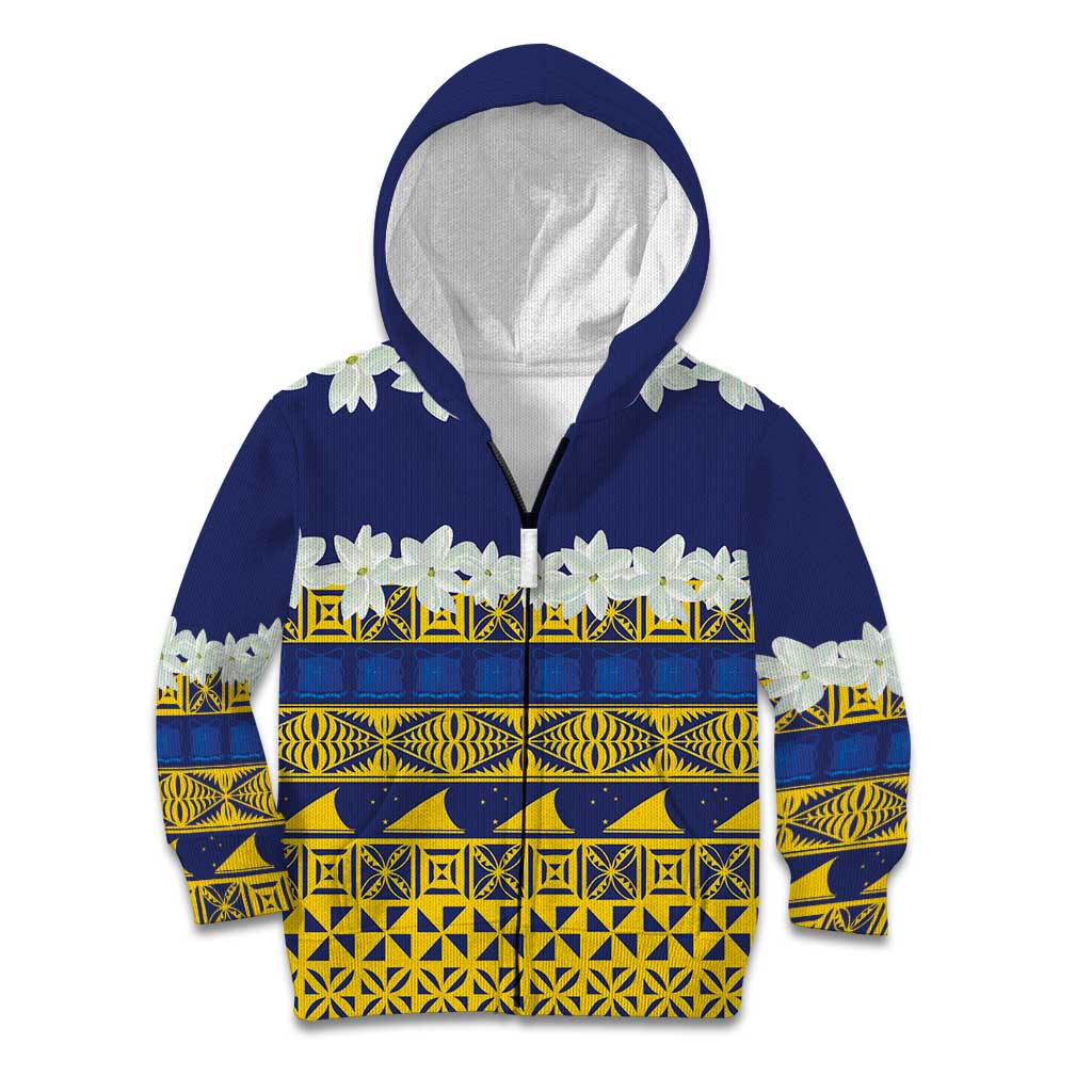 Tokelau Language Week Kid Hoodie Tokelauan Tuluma With Gardenia Thunbergia LT14 Zip Hoodie Blue - Polynesian Pride