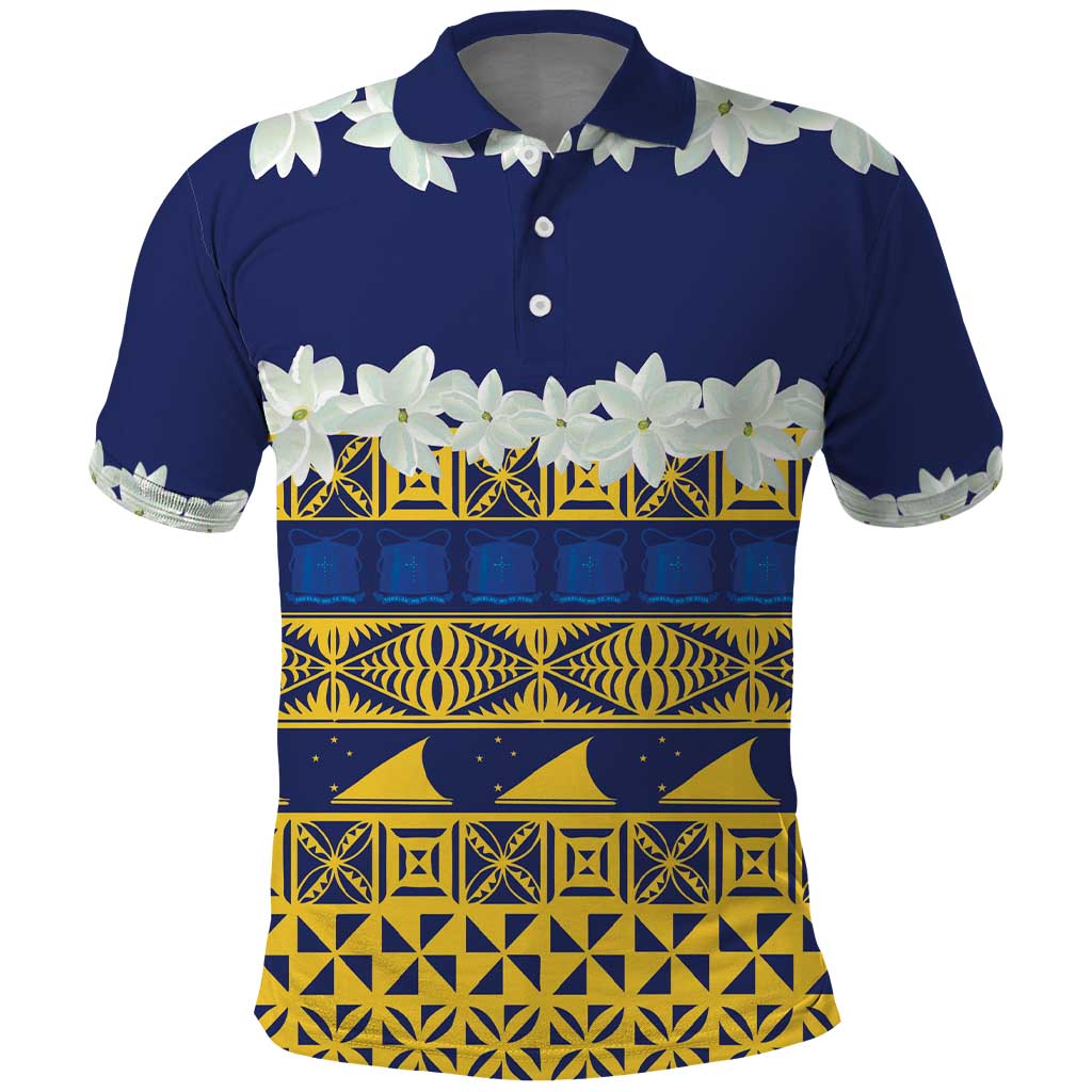 Tokelau Language Week Polo Shirt Tokelauan Tuluma With Gardenia Thunbergia LT14 Blue - Polynesian Pride