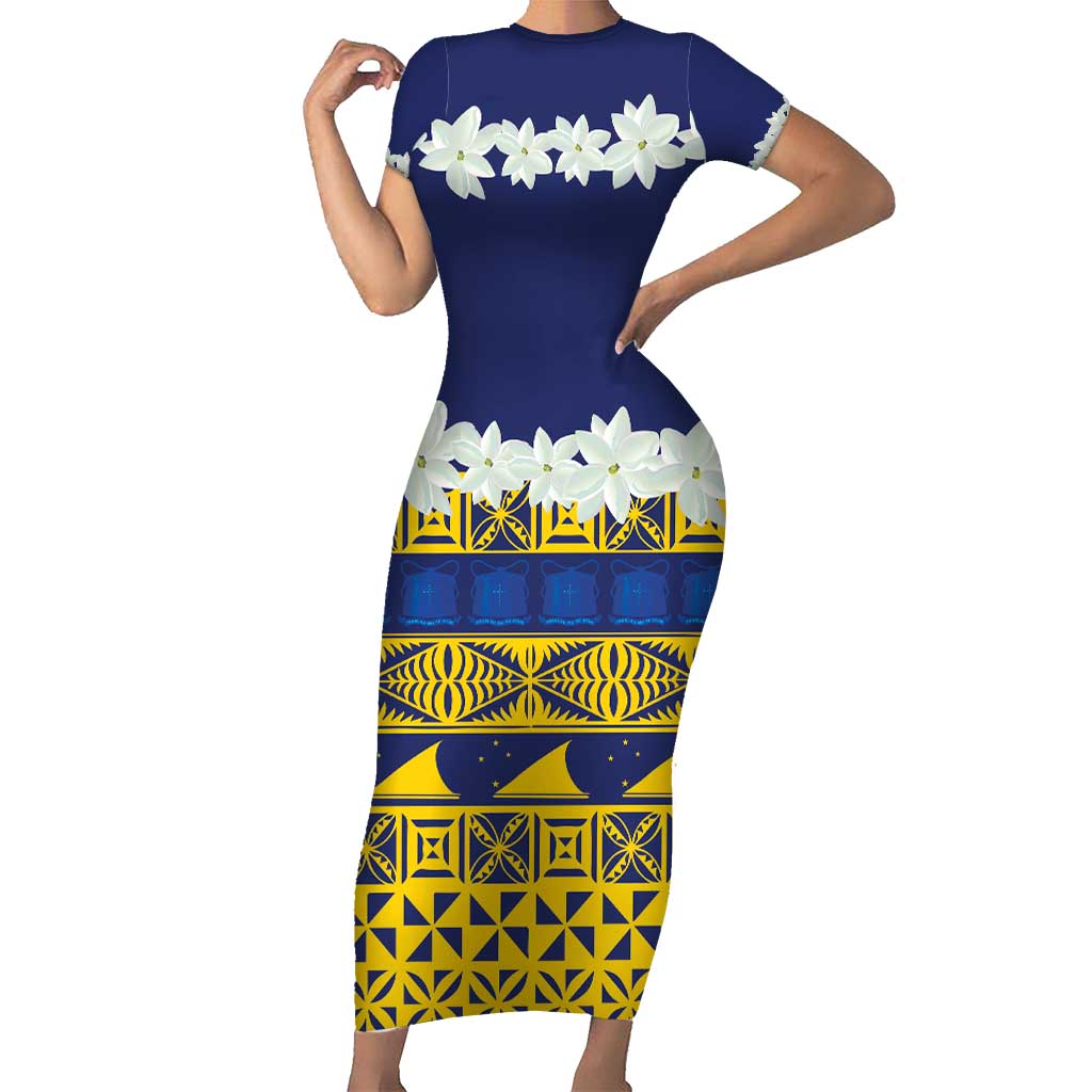 Tokelau Language Week Short Sleeve Bodycon Dress Tokelauan Tuluma With Gardenia Thunbergia LT14 Long Dress Blue - Polynesian Pride