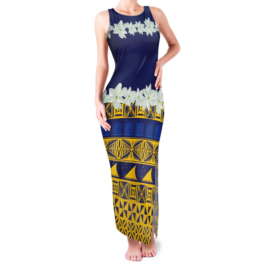 Tokelau Language Week Tank Maxi Dress Tokelauan Tuluma With Gardenia Thunbergia LT14 Women Blue - Polynesian Pride