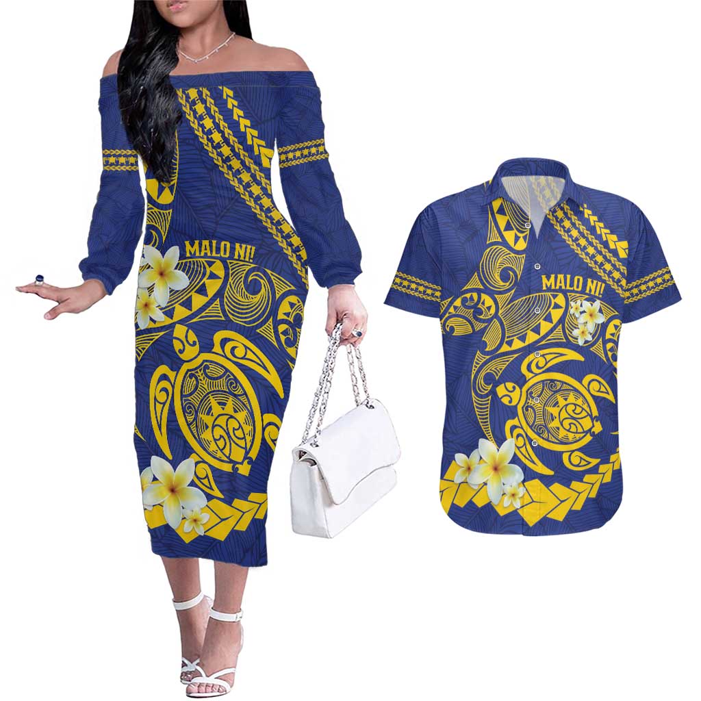 Te Vaiaho o te Gagana Tokelau Couples Matching Off The Shoulder Long Sleeve Dress and Hawaiian Shirt Polynesian Turtle - Malo Ni! LT14 Blue - Polynesian Pride