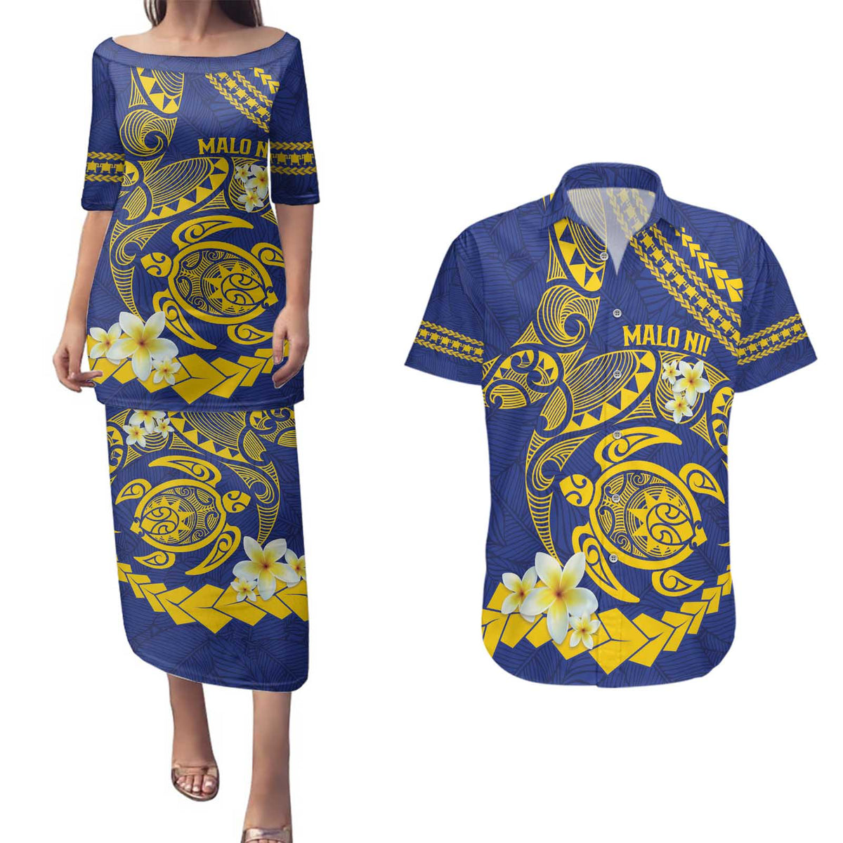 Te Vaiaho o te Gagana Tokelau Couples Matching Puletasi and Hawaiian Shirt Polynesian Turtle - Malo Ni! LT14 Blue - Polynesian Pride