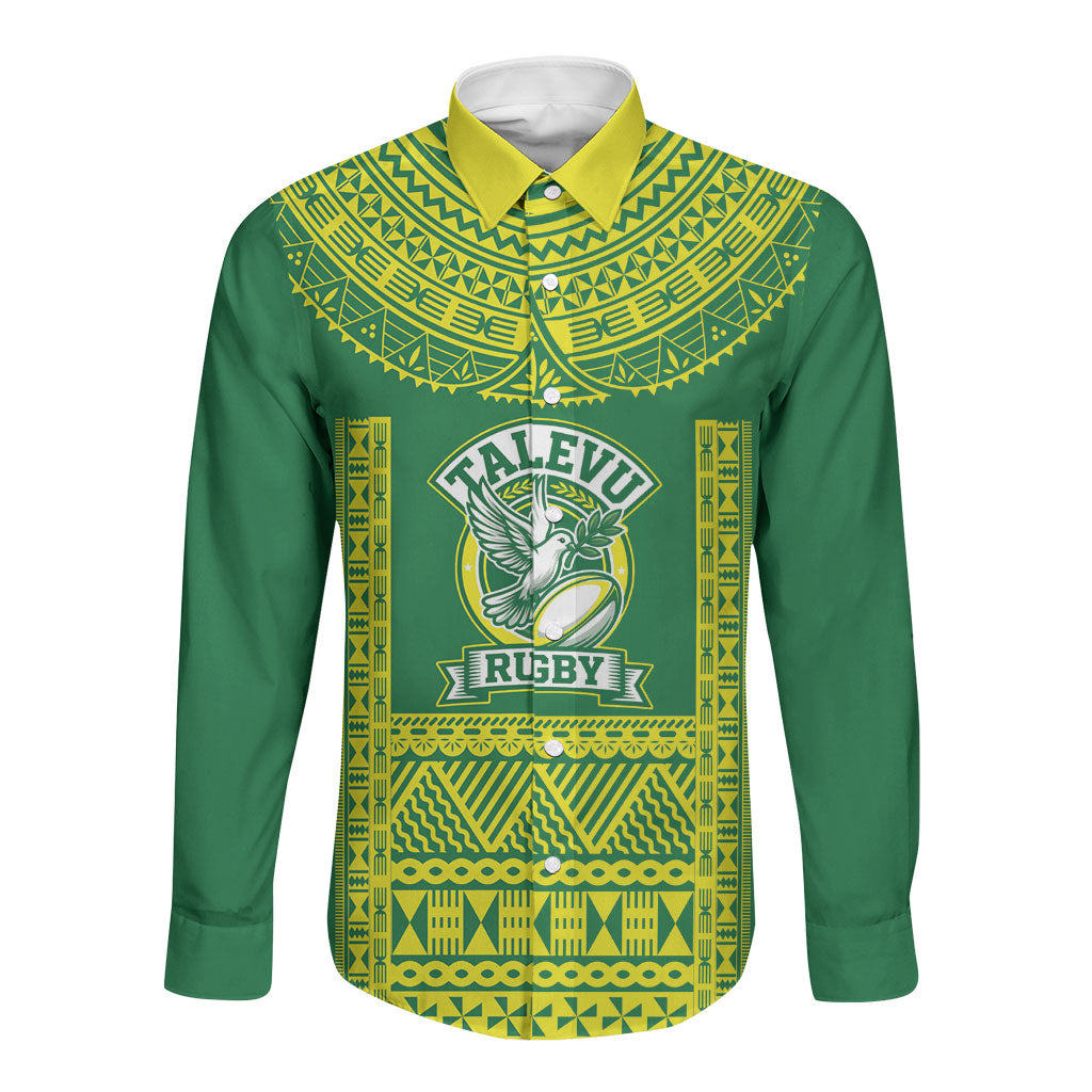 Fiji Tailevu Rugby Custom Long Sleeve Button Shirt Go Champions Fijian Tapa Pattern LT14 Unisex Green - Polynesian Pride