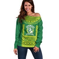 Fiji Tailevu Rugby Custom Off Shoulder Sweater Go Champions Fijian Tapa Pattern LT14 Women Green - Polynesian Pride