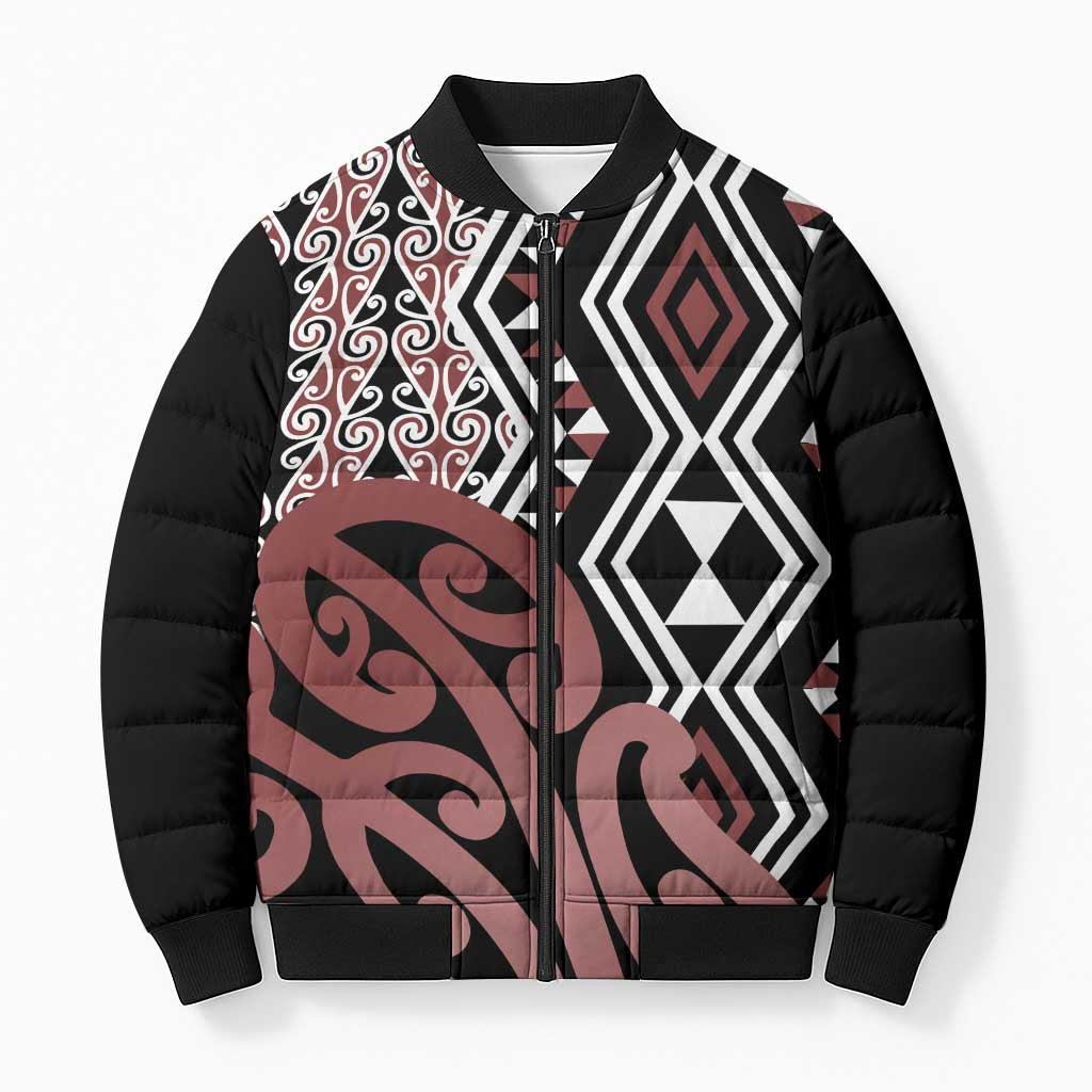 New Zealand Bomber Puffer Jacket Aotearoa Kowhaiwhai Mix Taniko Art LT14 Unisex Brown - Polynesian Pride