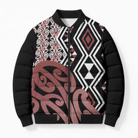 New Zealand Bomber Puffer Jacket Aotearoa Kowhaiwhai Mix Taniko Art LT14 Unisex Brown - Polynesian Pride