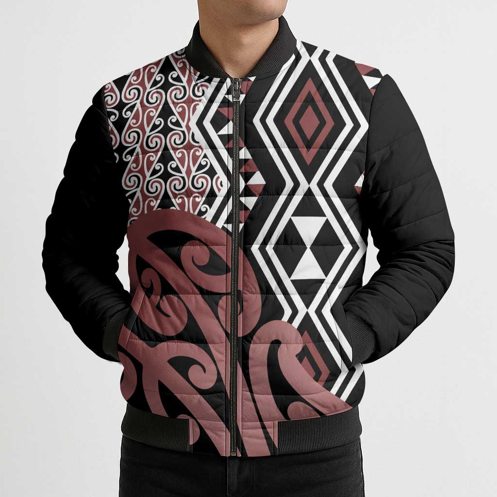 New Zealand Bomber Puffer Jacket Aotearoa Kowhaiwhai Mix Taniko Art LT14 - Polynesian Pride