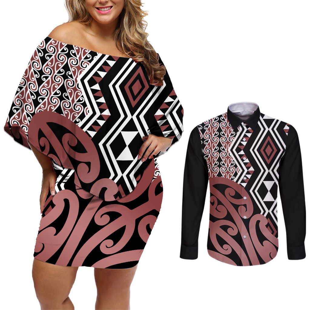 New Zealand Couples Matching Off Shoulder Short Dress and Long Sleeve Button Shirt Aotearoa Kowhaiwhai Mix Taniko Art LT14 Brown - Polynesian Pride