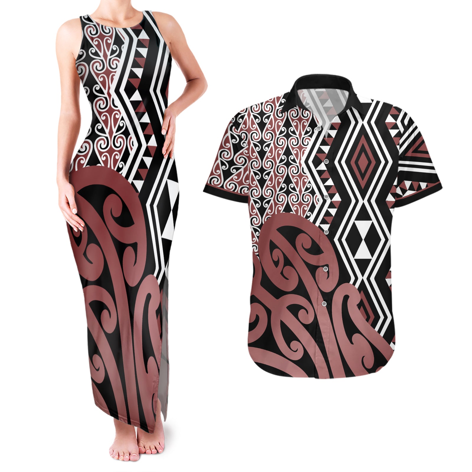 New Zealand Couples Matching Tank Maxi Dress and Hawaiian Shirt Aotearoa Kowhaiwhai Mix Taniko Art LT14 Brown - Polynesian Pride
