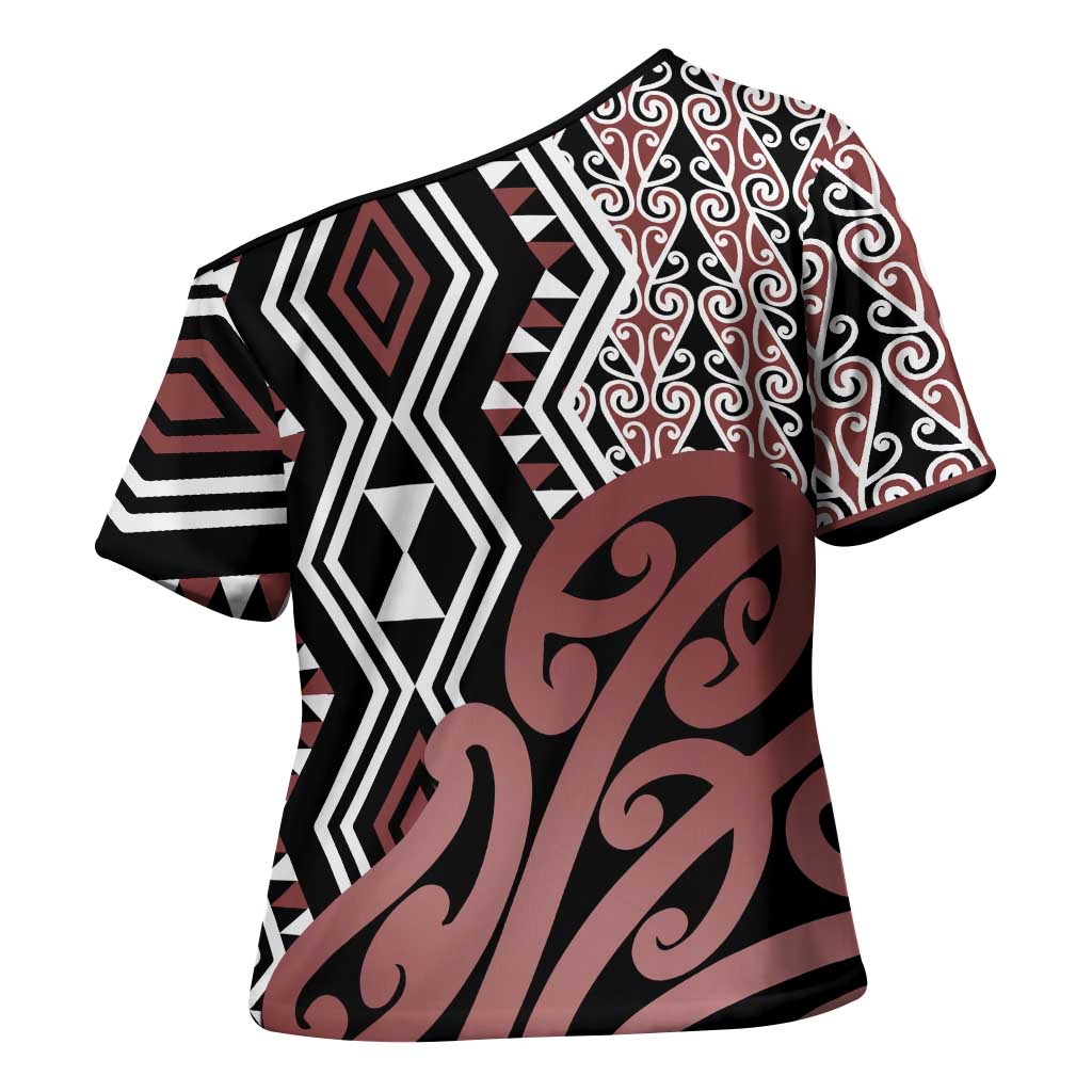New Zealand Cross Shoulder Shirt Aotearoa Kowhaiwhai Mix Taniko Art LT14 - Polynesian Pride
