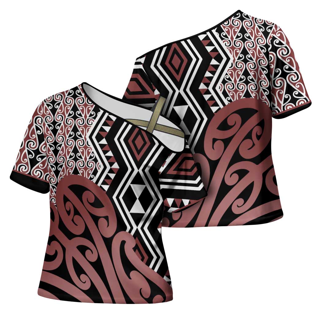 New Zealand Cross Shoulder Shirt Aotearoa Kowhaiwhai Mix Taniko Art LT14 - Polynesian Pride
