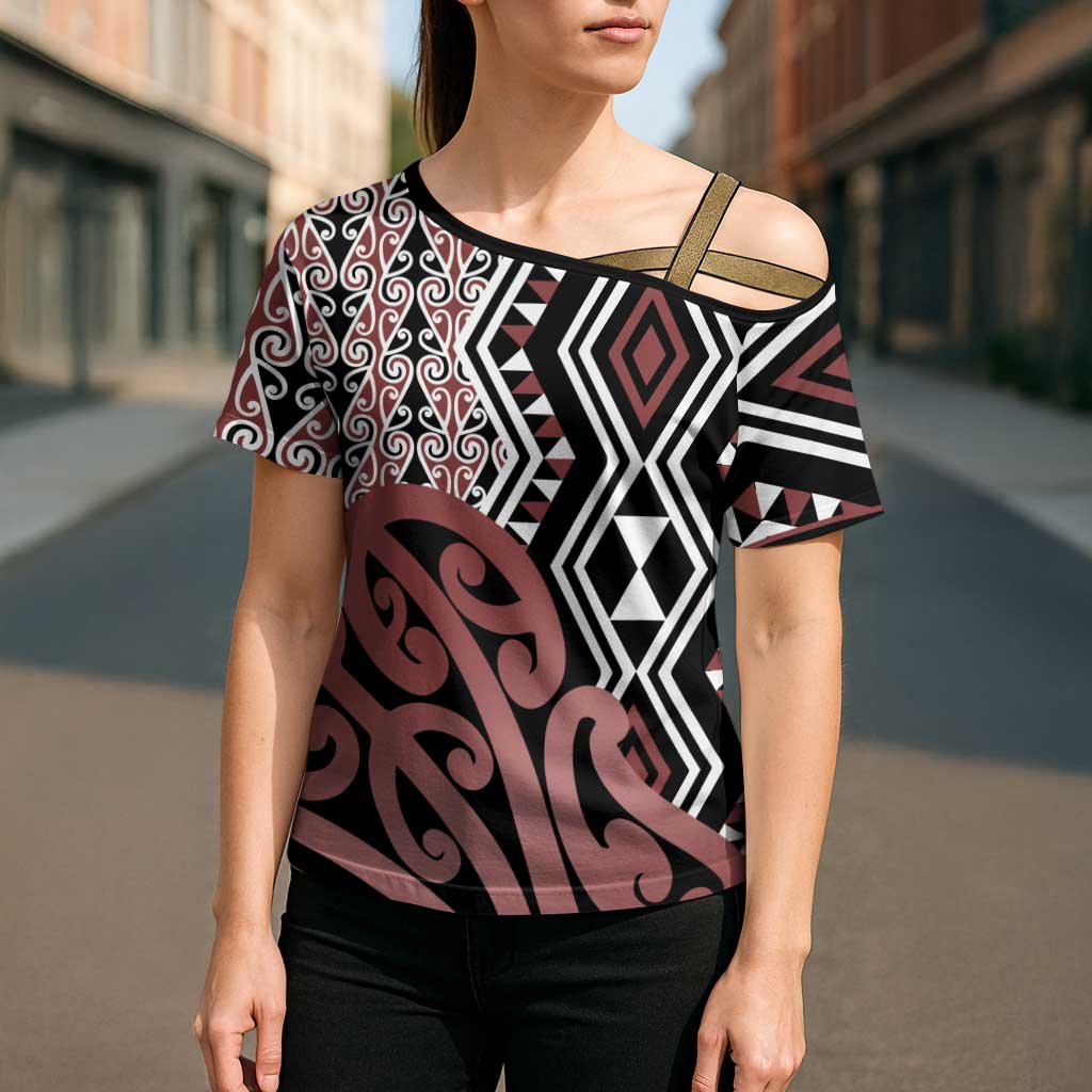 New Zealand Cross Shoulder Shirt Aotearoa Kowhaiwhai Mix Taniko Art LT14 - Polynesian Pride