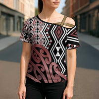 New Zealand Cross Shoulder Shirt Aotearoa Kowhaiwhai Mix Taniko Art LT14 - Polynesian Pride