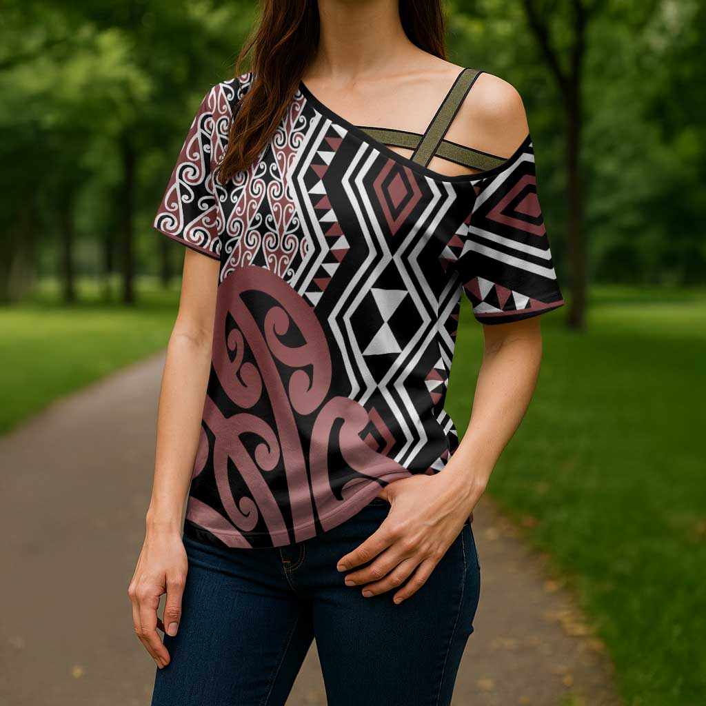 New Zealand Cross Shoulder Shirt Aotearoa Kowhaiwhai Mix Taniko Art LT14 - Polynesian Pride