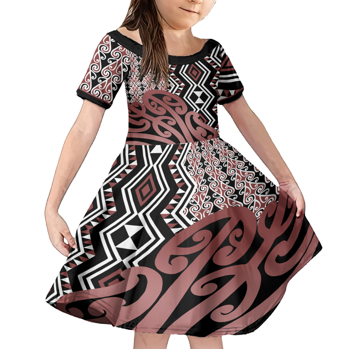 New Zealand Family Matching Tank Maxi Dress and Hawaiian Shirt Aotearoa Kowhaiwhai Mix Taniko Art LT14 Daughter's Dress Brown - Polynesian Pride