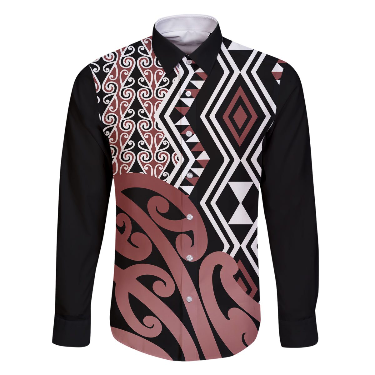 New Zealand Family Matching Tank Maxi Dress and Hawaiian Shirt Aotearoa Kowhaiwhai Mix Taniko Art LT14 Dad's Shirt - Long Sleeve Brown - Polynesian Pride