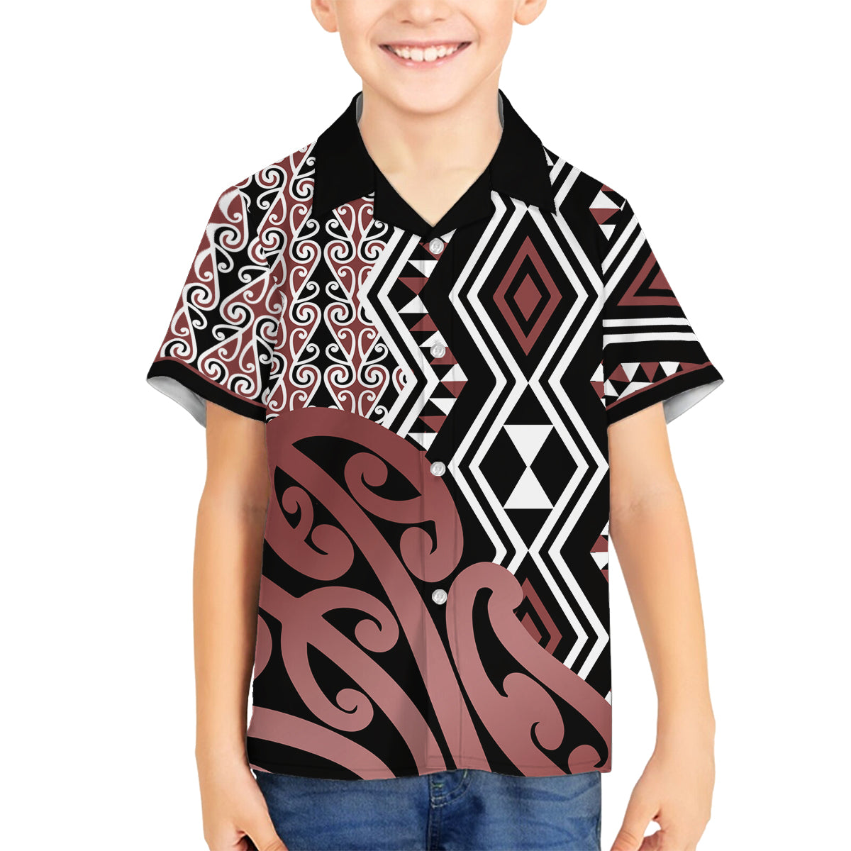 New Zealand Family Matching Tank Maxi Dress and Hawaiian Shirt Aotearoa Kowhaiwhai Mix Taniko Art LT14 Son's Shirt Brown - Polynesian Pride