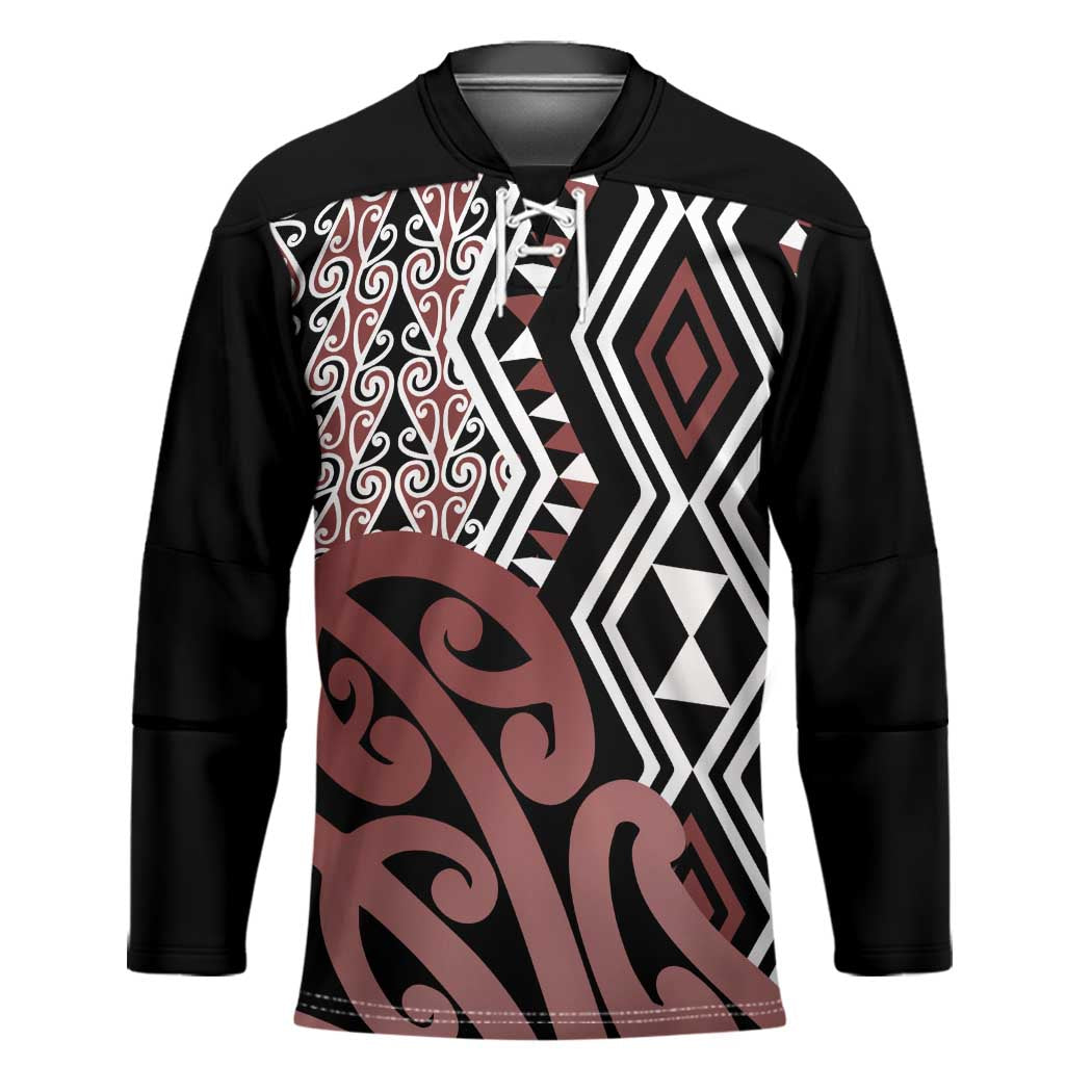 New Zealand Hockey Jersey Aotearoa Kowhaiwhai Mix Taniko Art LT14 Unisex Brown - Polynesian Pride