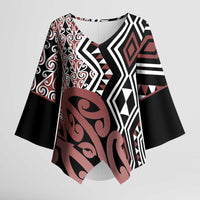 New Zealand Kimono Sleeve Blouse Aotearoa Kowhaiwhai Mix Taniko Art LT14 Female Brown - Polynesian Pride