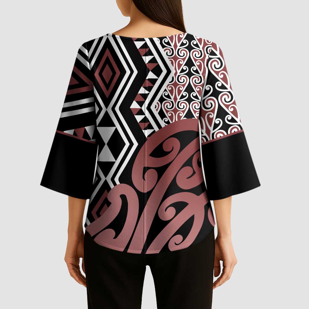 New Zealand Kimono Sleeve Blouse Aotearoa Kowhaiwhai Mix Taniko Art LT14 - Polynesian Pride