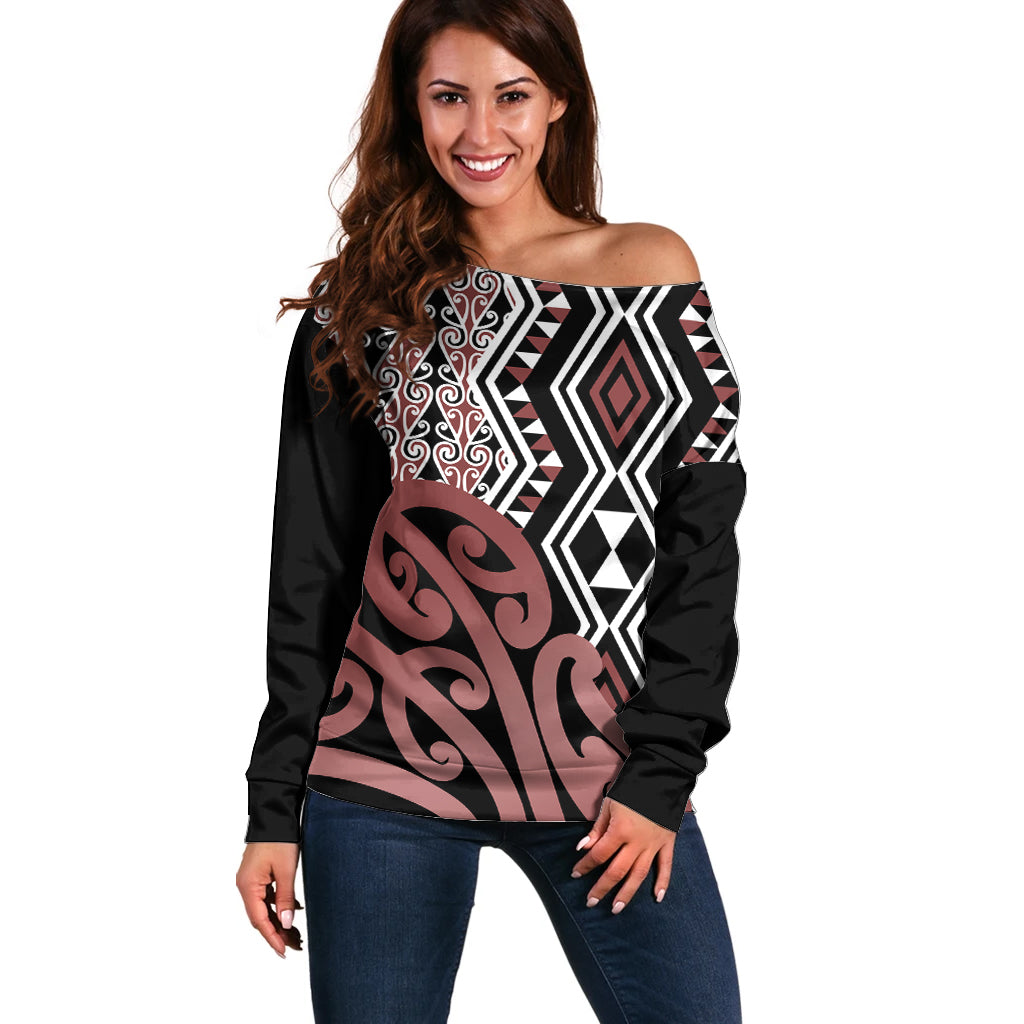 New Zealand Off Shoulder Sweater Aotearoa Kowhaiwhai Mix Taniko Art LT14 Women Brown - Polynesian Pride