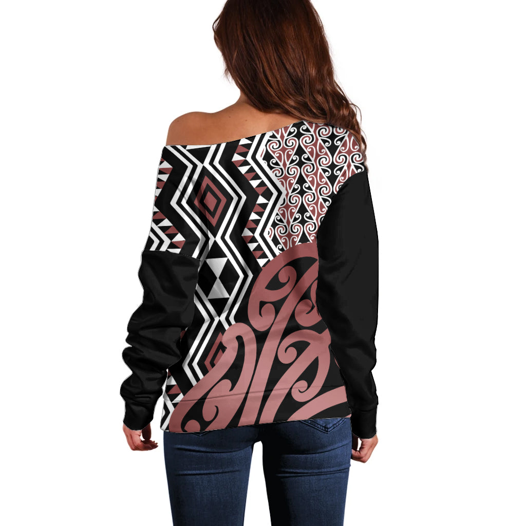 New Zealand Off Shoulder Sweater Aotearoa Kowhaiwhai Mix Taniko Art LT14 - Polynesian Pride