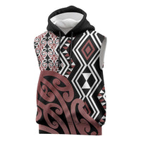 New Zealand Sleeveless Hoodie Aotearoa Kowhaiwhai Mix Taniko Art LT14 Brown - Polynesian Pride