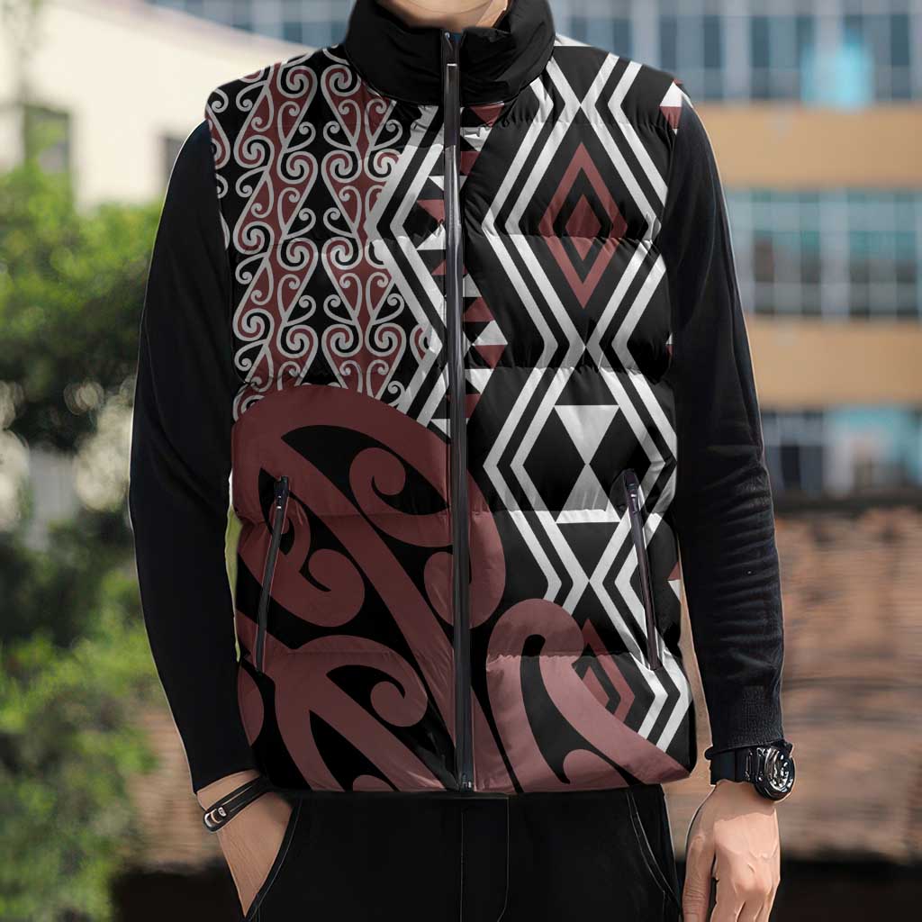 New Zealand Sleeveless Puffer Jacket Aotearoa Kowhaiwhai Mix Taniko Art - Polynesian Pride