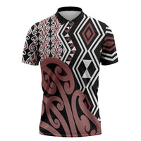 New Zealand Zipper Polo Shirt Aotearoa Kowhaiwhai Mix Taniko Art LT14 Brown - Polynesian Pride