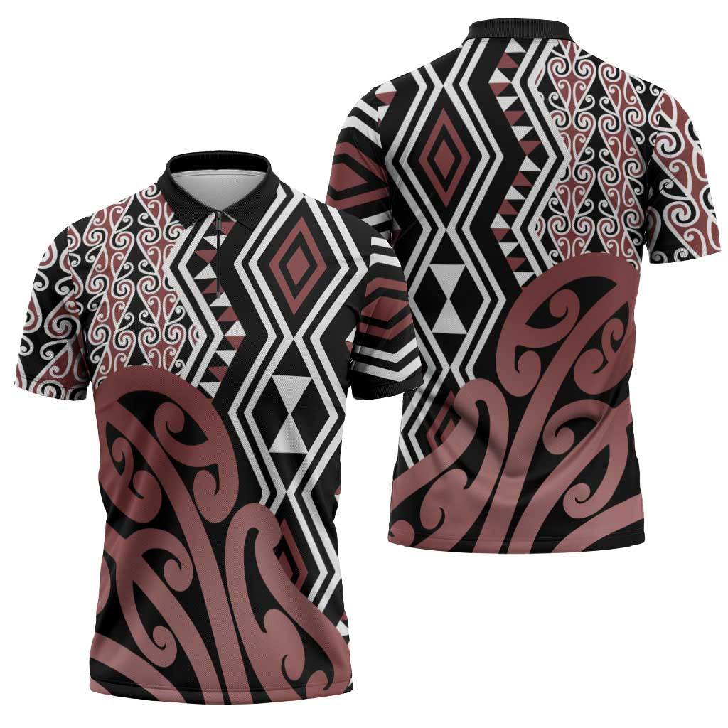 New Zealand Zipper Polo Shirt Aotearoa Kowhaiwhai Mix Taniko Art LT14 - Polynesian Pride