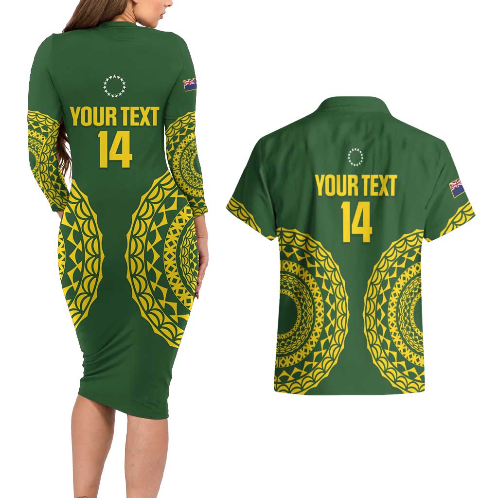 Custom Avaiki Cook Islands Rugby Couples Matching Long Sleeve Bodycon Dress and Hawaiian Shirt Kuki Airani Tatau Green LT14 - Polynesian Pride