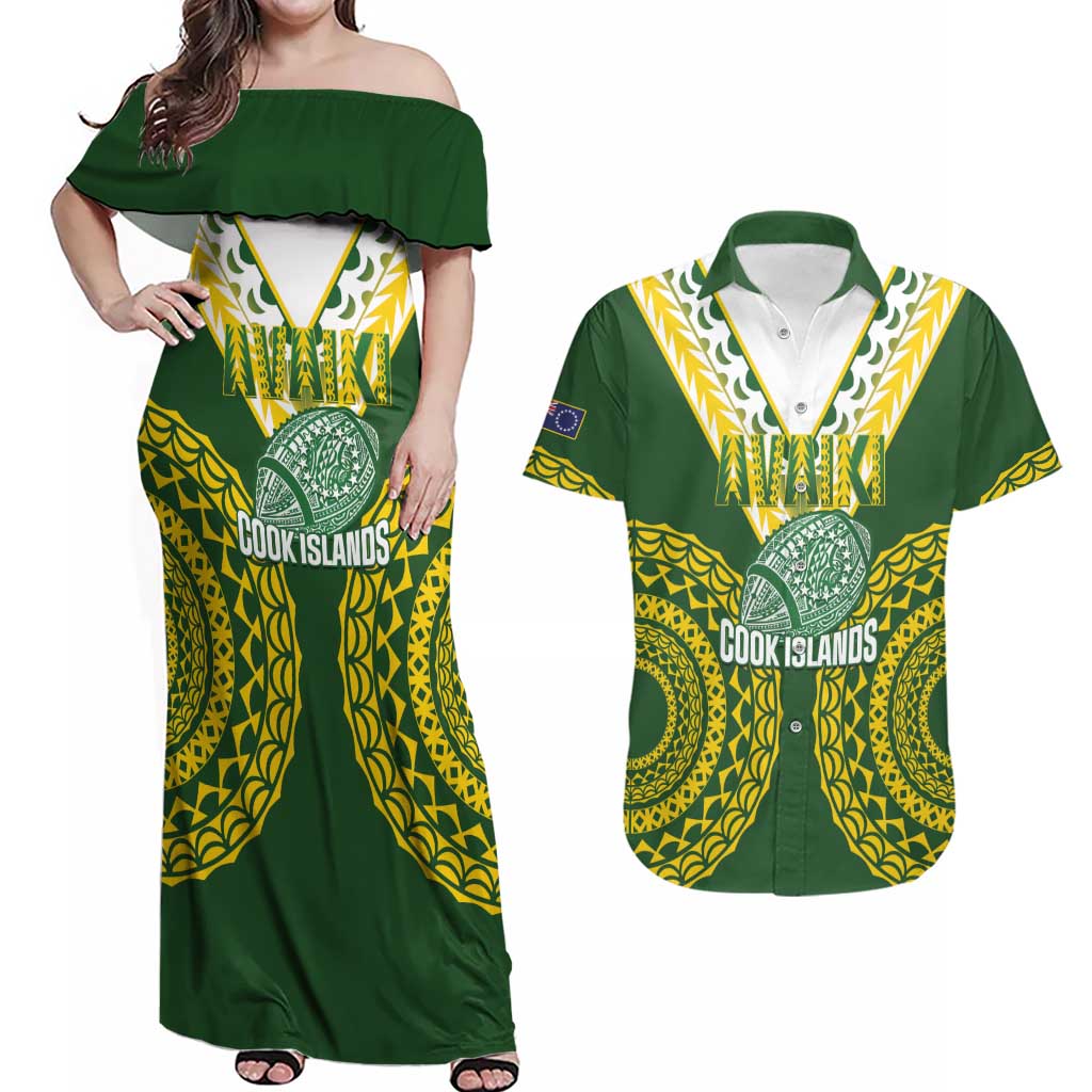 Custom Avaiki Cook Islands Rugby Couples Matching Off Shoulder Maxi Dress and Hawaiian Shirt Kuki Airani Tatau Green LT14 Green - Polynesian Pride