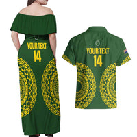 Custom Avaiki Cook Islands Rugby Couples Matching Off Shoulder Maxi Dress and Hawaiian Shirt Kuki Airani Tatau Green LT14 - Polynesian Pride