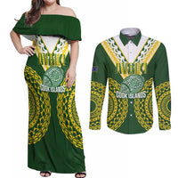 Custom Avaiki Cook Islands Rugby Couples Matching Off Shoulder Maxi Dress and Long Sleeve Button Shirt Kuki Airani Tatau Green LT14 Green - Polynesian Pride