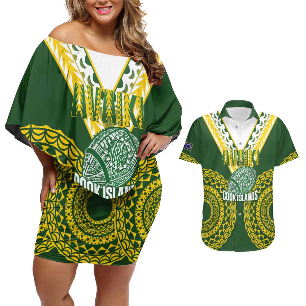 Custom Avaiki Cook Islands Rugby Couples Matching Off Shoulder Short Dress and Hawaiian Shirt Kuki Airani Tatau Green LT14 Green - Polynesian Pride