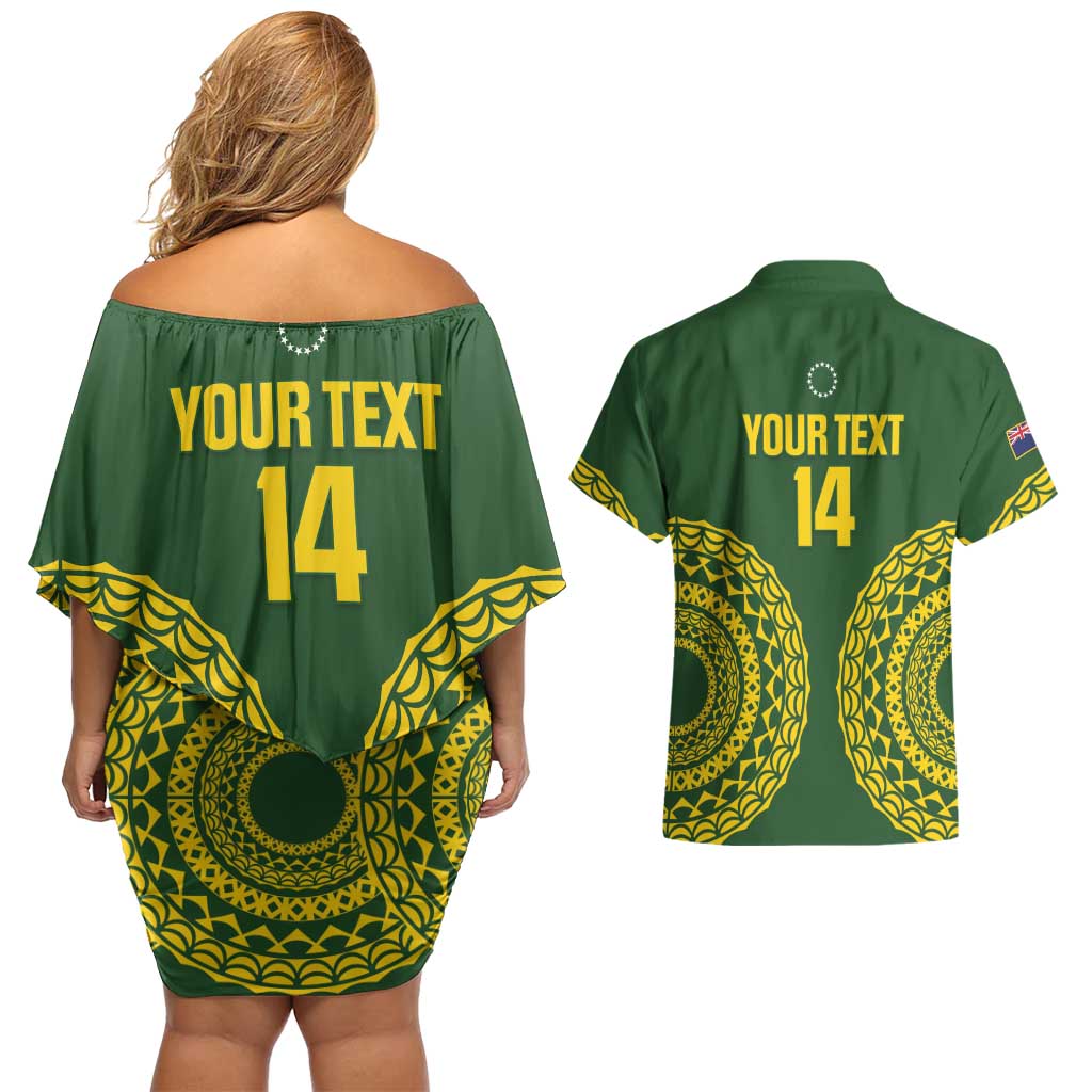 Custom Avaiki Cook Islands Rugby Couples Matching Off Shoulder Short Dress and Hawaiian Shirt Kuki Airani Tatau Green LT14 - Polynesian Pride