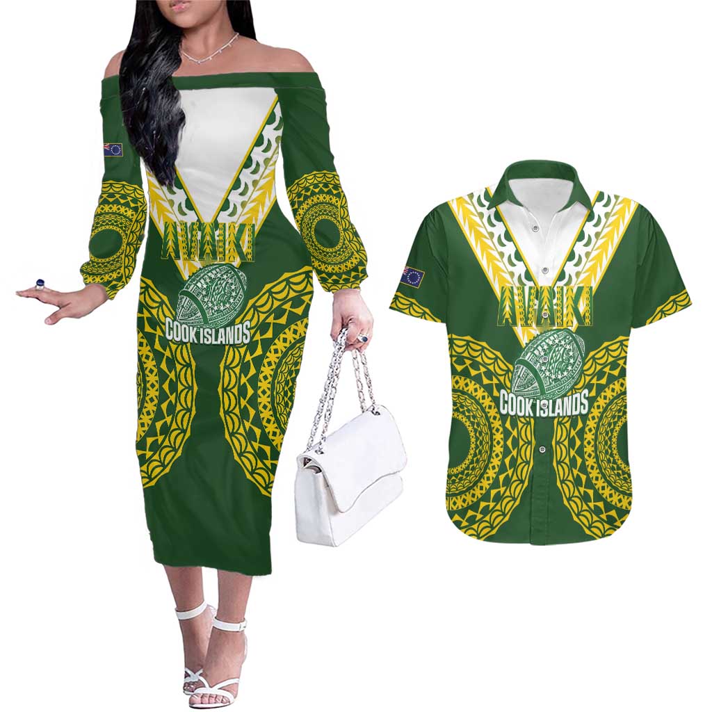 Custom Avaiki Cook Islands Rugby Couples Matching Off The Shoulder Long Sleeve Dress and Hawaiian Shirt Kuki Airani Tatau Green LT14 Green - Polynesian Pride