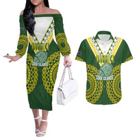 Custom Avaiki Cook Islands Rugby Couples Matching Off The Shoulder Long Sleeve Dress and Hawaiian Shirt Kuki Airani Tatau Green LT14 Green - Polynesian Pride